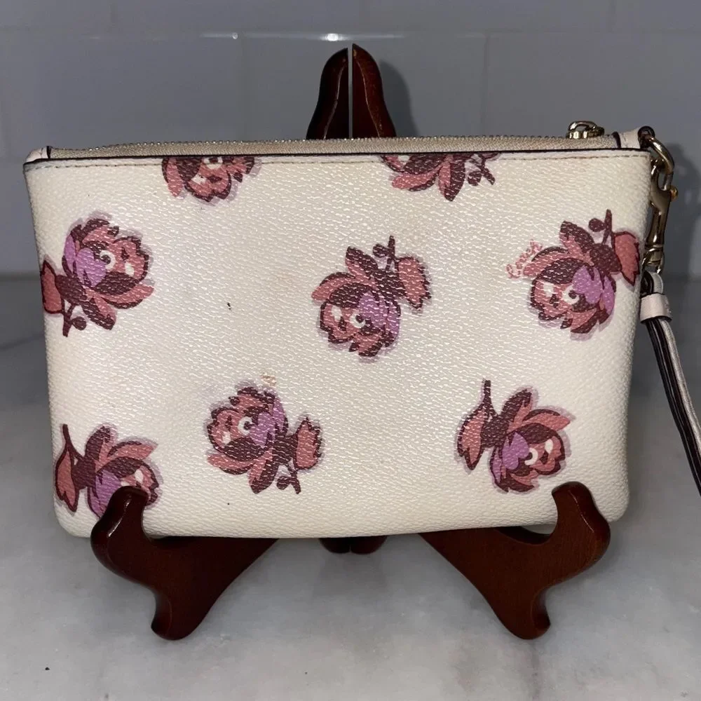 Coach Wristlet Bag Purse Floral Cross Grain Leather Pink Clutch Pouch Wallet